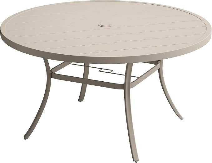DIFY 50" Round Outdoor Patio Dining Table for 6, Metal Patio Table with 1.57" Adjustable Umbrella Hole, All-Weather Dining Furniture Table for Backyard Lawn Garden, Sandshell