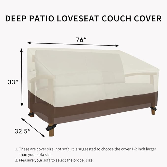 Easy-Going Waterproof Outdoor Loveseat, Heavy Duty Deep 2-Seater Patio Couch, Windproof Furniture with Air Vent (76Wx32.5Dx33H in, Beige/Dark Brown)