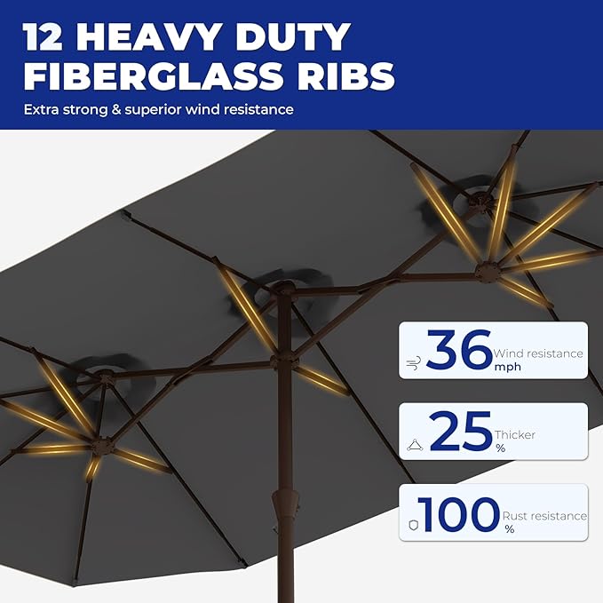 BRIOPAWS 15-FT-Large-Patio-Umbrella-with-Base | Double-Sided | Outdoor Table Umbrellas | w/Crank Handle | 12 Sturdy Fiberglass Rib | UV-Protection | for Garden Deck Backyard Pool | Charcoal Gray