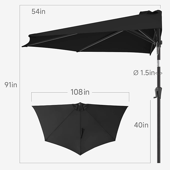 9ft Half Umbrellas Outdoor - Half Patio Umbrella with Tilt, UV Protection Waterprool, Half Round Umbrella for Wall Balcony, Pool, Porch, Garden, Deck, Backyard (Black)