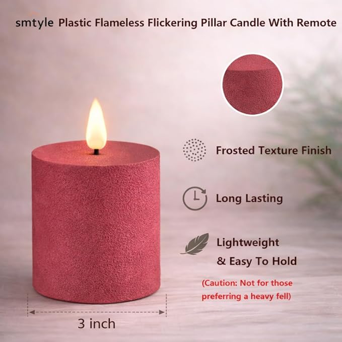smtyle Christmas Red Flameless Plastic Pillar Candles 3x3 Vintage Color with Battery Operated Fake Flickering Candles Smart Remote - Perfect for Rustic Farmhouse Table Decorations & Indoor Room