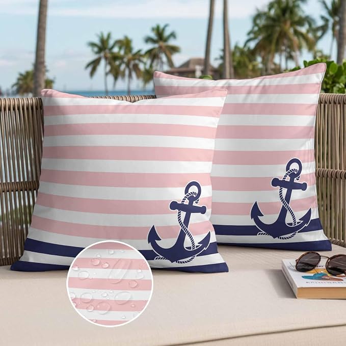 Throw Pillow Covers 26x26 Inch Set of 2, Anchor Pink Waterproof Outdoor Cushion Covers, Modern Navy Blue White Striped Nautical Decorative Pillowcases for Couch, Sofa, Bed, Garden, Patio