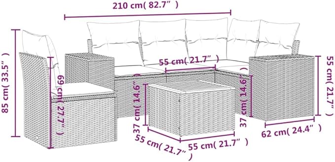 vidaXL Patio Sofa Set with Cushions 6 Piece, Outdoor Conversation Set, Sectional Sofa for Balcony Garden, Modern Style, Gray Poly Rattan