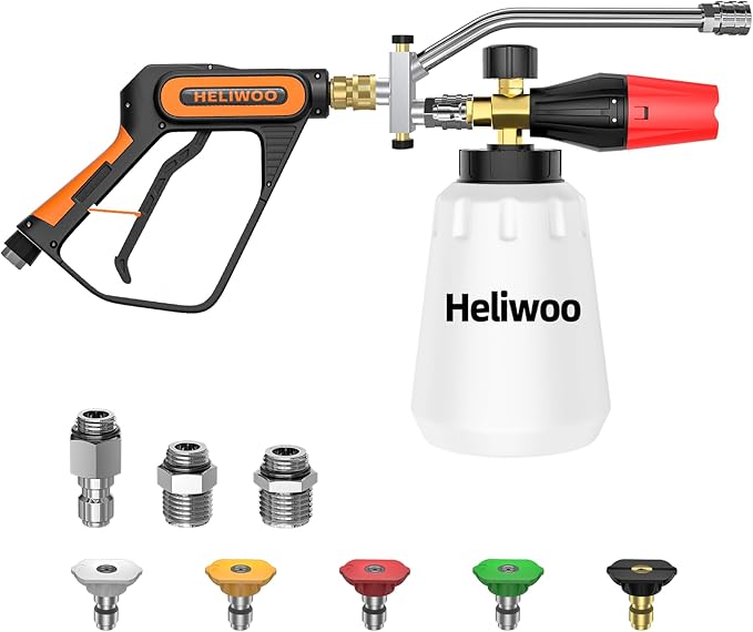 Short Pressure Washer Gun with Foam Cannon 5000 PSI, 1/4 Inch Quick Connector, with 5 Pressure Washer Nozzle Tips, 1 Liter Dual Connector