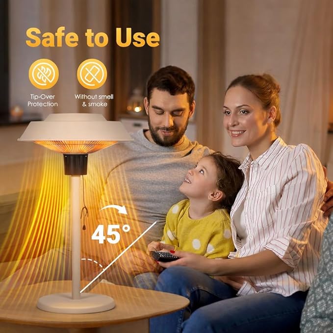 Electric Patio Outdoor Heater, 1500W Infrared Tabletop Heaters for Indoor Oudoor Use, IP55 Waterproof, Tip-over & Overheating Protection, Perfect for Garden, Balcony (light grey, tabletop-pull string)
