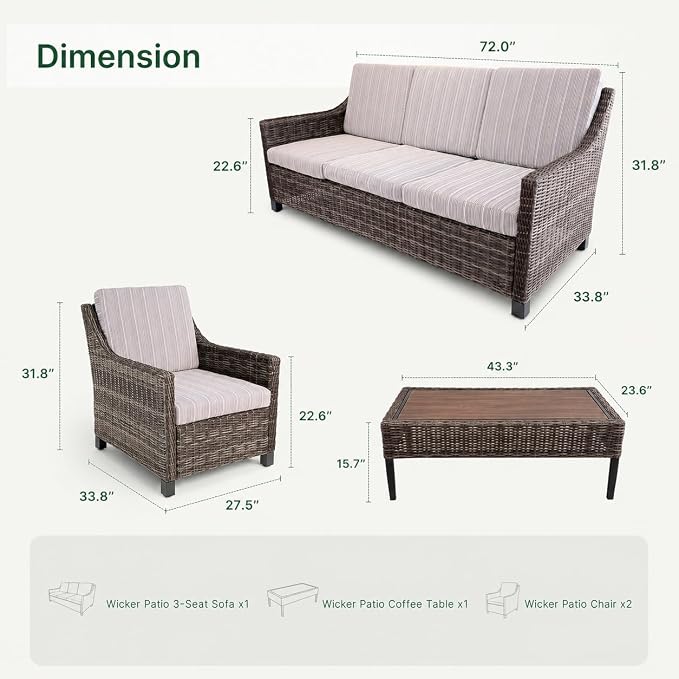 Wicker Patio Conversation Set, Outdoor Patio Chair Set with Deep Seating, Wide Armrests & Thick Cushions, All-Weather Outdoor Furniture Set for Patio, Porch, Deck & Backyard