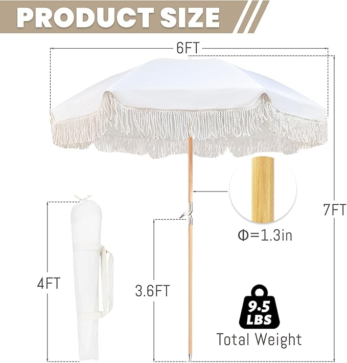 Lefedrasticity Boho Outdoor Umbrella with Tassels,6ft Table Umbrella Outdoor Patio with Knobs Tilt,Wind Resistant Portable Beach Umbrella UPF50+ Fringe Umbrellas For Pool Backyard Deck Garden