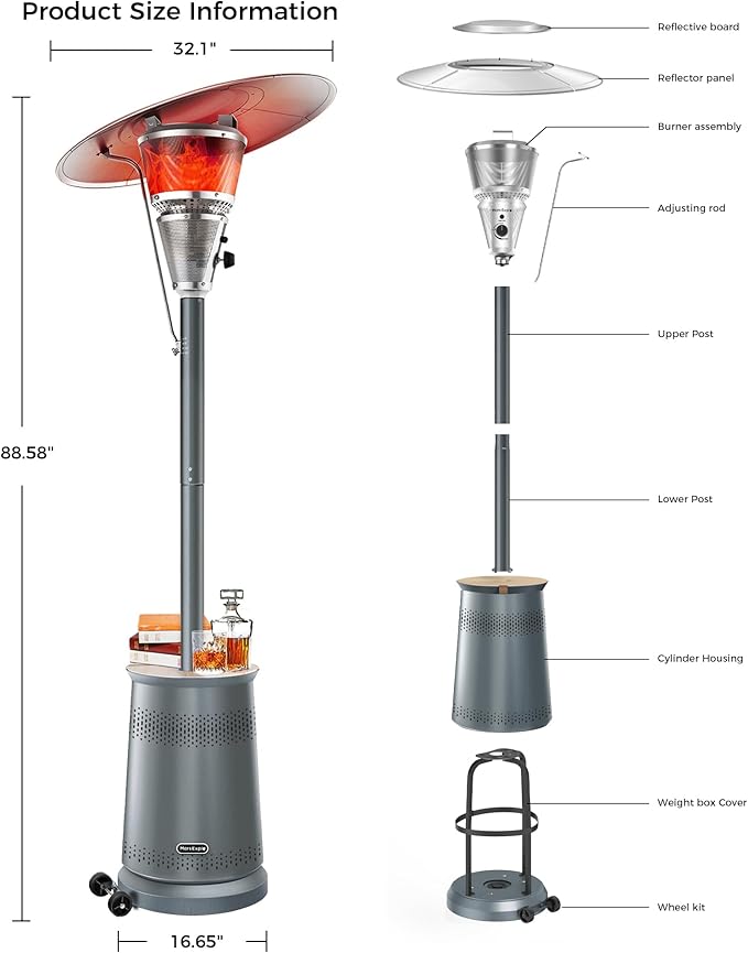 50,000 BTU Patio Heater for Outdoor Use With Adjustable Heat Focusing Top, Portable Propane Patio Heater with Wheels, Stainless Steel Burner for Porch, Deck, Garden, Commercial (Grey)