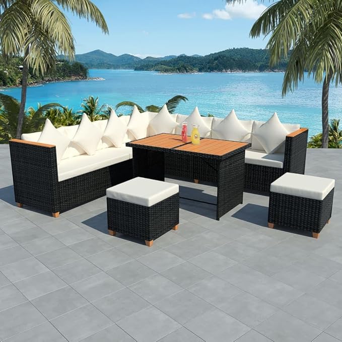 7 Piece Patio Lounge Set with Cushions, Sectional Sofa Patio Conversation Set Porch Furniture Set Front Porch Furniture for Poolside Negotiation Area Piazza Exhibition Poly Rattan Black