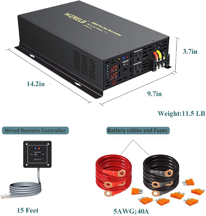 WZRELB 3000W 12VDC 120VAC Pure Sine Wave Power Inverter with 2 AC Outlets Wired Remote Control Car Inverter (RBP-300012WR)