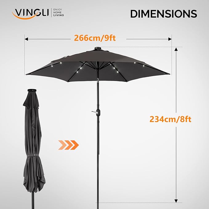 VINGLI 9FT Patio Umbrella with Solar Lights, Outdoor Umbrella with Push Button Tilt and Crank, Umbrella Outdoor Patio for Patio, Deck, Backyard, Pool