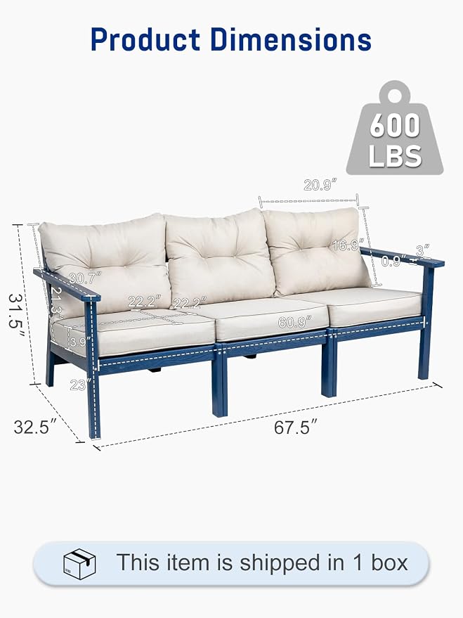 3 Seat HDPE Patio Sofa, Outdoor Couch with Thick Cushions, Patio Furniture | Water-Resistant Thick Cushion, HDPE All Weather, Wood-Grain, No Rot or Rust or Crack, UV Fade Shield, Easy-Clean for Outside