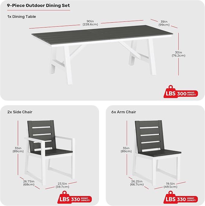 Costaelm Stinson 9-Piece Outdoor HDPE Patio Dining Table Set with Umbrella Hole & Dining Chairs for 8, Gray