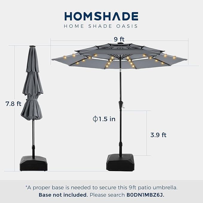 HOMSHADE 9FT 3-Tier Solar Patio Umbrella Heavy Duty,Vented Market Table Umbrella Windproof w/32 LED Lights,UPF50+,5-Year Fade Resistant,8 Thicker Ribs for Pool,Lawn,Garden,Deck (Grey,No Base)