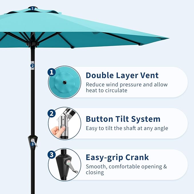 GarveeLife 10FT Umbrella Outdoor Patio, Table Umbrella with Push Button Tilt and Crank, 8 Sturdy Ribs Waterproof UV Protection for Garden, Pool, Deck, Backyard, Market (Sky Blue)