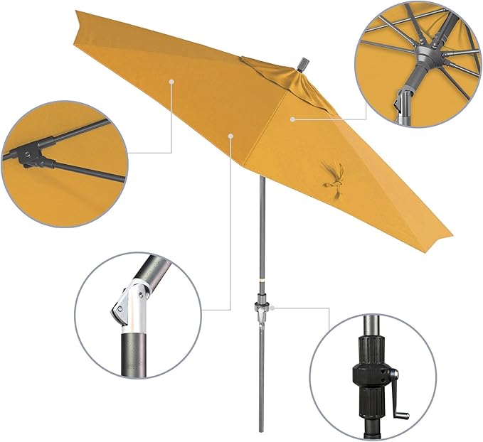 California Umbrella 9' Rd. Crank Lift, Collar Tilt, Aluminum Pole, Fiberglass Rib Patio Umbrella, Hammertone Grey Finish, Sunbrella Sunflower Yellow