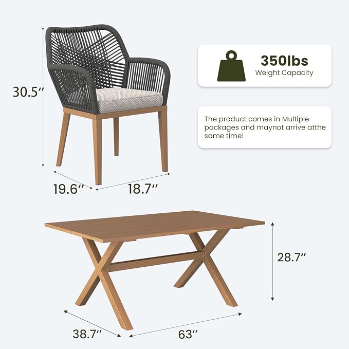 LayinSun Outdoor Dining Set for 4, 5 Pieces Patio Furniture Sets with Aluminum Dining Table and Rope Weave Chairs