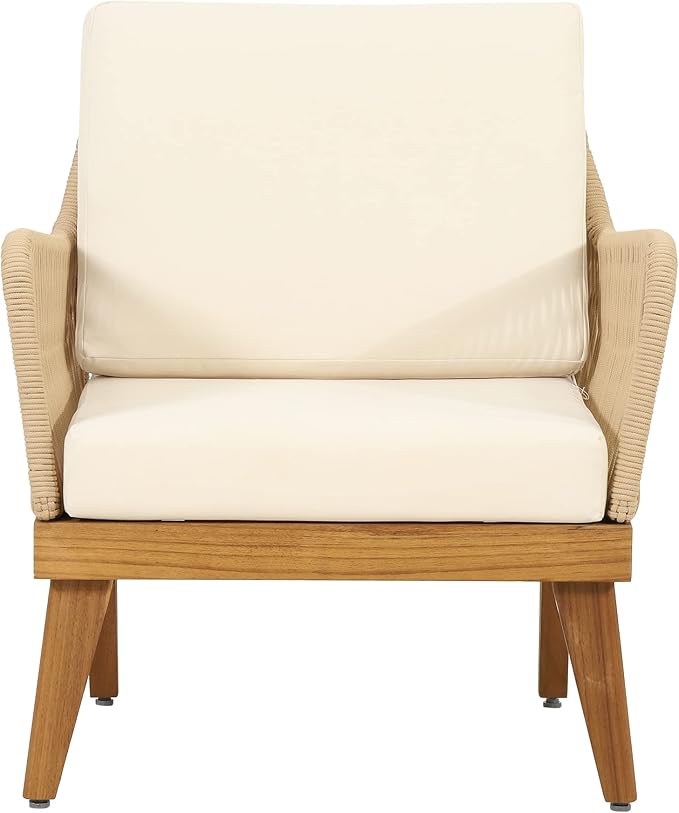 4-Piece Acacia Wood Patio Furniture Set, Outdoor Conversation Set with Rope Weave, Loveseat, 2 Chairs & Coffee Table, Teak