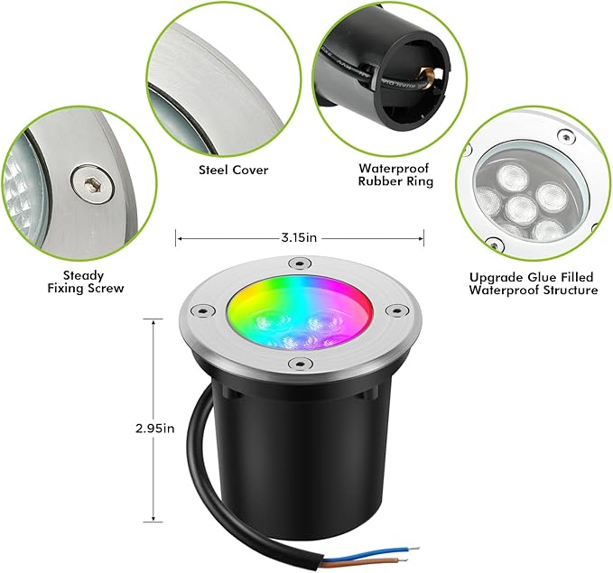 Junview Low Voltage Landscape Lights Christmas 10W RGBW Warm White LED Well Landscape Lighting Waterproof Outdoor 12V-24V Pathway Deck Ground Garden RGB Christmas Well Lights (12)