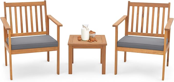 Tangkula 3 Pieces Patio Wood Furniture Set, Acacia Wood Chairs and Coffee Table Set with Soft Cushions, Slatted Design, Outdoor Furniture Set for Porch, Yard, Balcony (Grey)