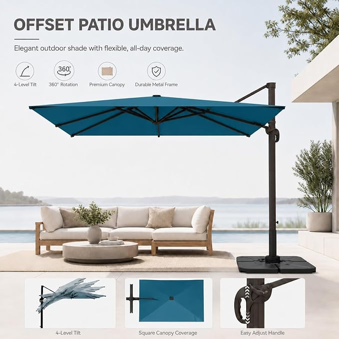 Cantilever Patio Umbrella, Large Square Outdoor Offset Umbrella with Aluminum Pole, 360-degree Rotation for Garden, Deck, Pool