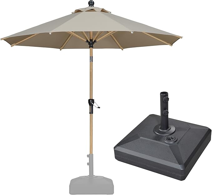 PURPLE LEAF 9 Feet Patio Umbrella with Base Market Umbrella Round Outdoor Umbrella with Push Button Tilt & Crank and 8 Ribs Aluminum Outdoor Table Umbrella for Garden Deck Balcony, Beige
