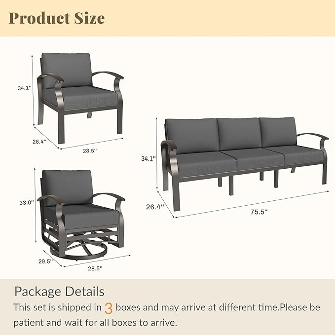 Aluminum Patio Furniture Set Patio Conversation Set,7 Seats Metal Modern Outdoor Furniture w/5.1" Cushions,Patio Sectional w/Swivel Chairs for Patio,Backyard,Grey