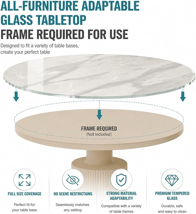 24" Round Tempered Glass Table Top, 5/16" (8mm) Thick, Marble Pattern Replacement, Heavy-Duty, Heat & Scratch Resistant for Coffee, Dining & Patio Tables, Gray