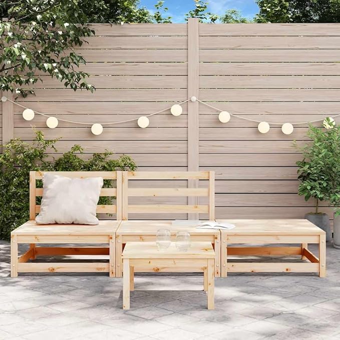 Rustic Outdoor Sofa Set for Patio, Solid Pine Modular Loveseat with Footstool, 27.6 x 82.7 x 26.4 in, Natural Beige, Ideal for Small Balcony or Garden Conversation Area