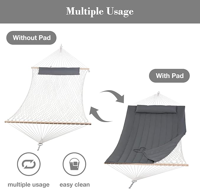 Double Hammock with Stand for Outside, Rope Hammocks with Polyester Pad 2 Person, 12ft Heavy Duty Stand, Extra Pillow, Storage Sidebag, Max 475 lbs Capacity (Gray)