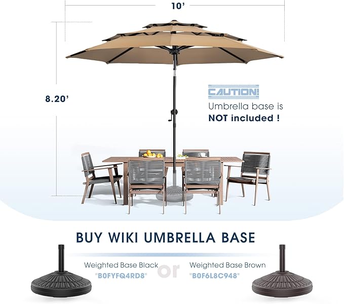 wikiwiki 10ft 3-Tier Patio Umbrella Outdoor Table Market Umbrella for Patio with Push Button Tilt/Crank, Fade Resistant Waterproof POLYESTER Canopy for Garden, Lawn, Deck, Backyard & Pool, Tan