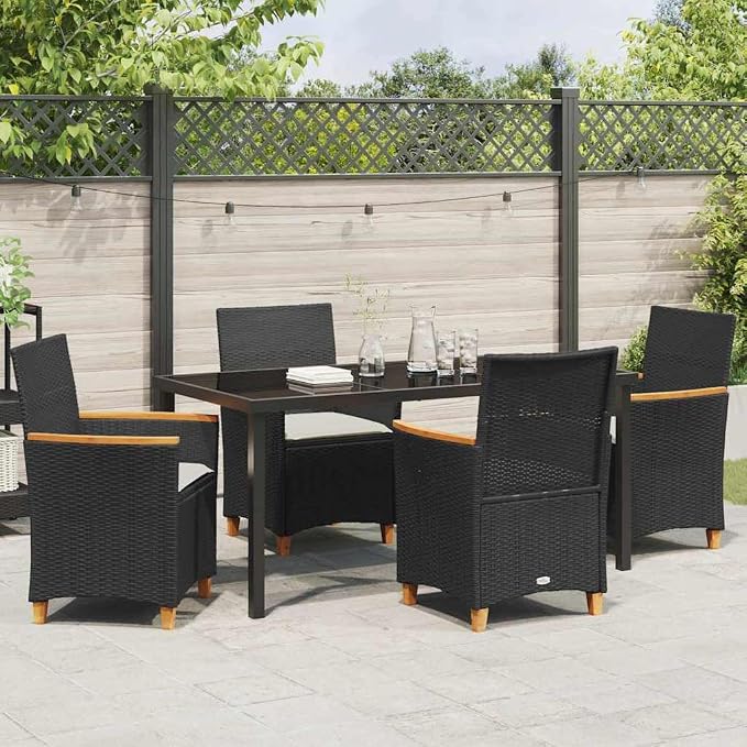 5 Piece Garden Dining Set, Outdoor Patio Furniture with 4 Chairs and Table, Modern Poly Rattan Seating with Cushions and Glass Top, Black