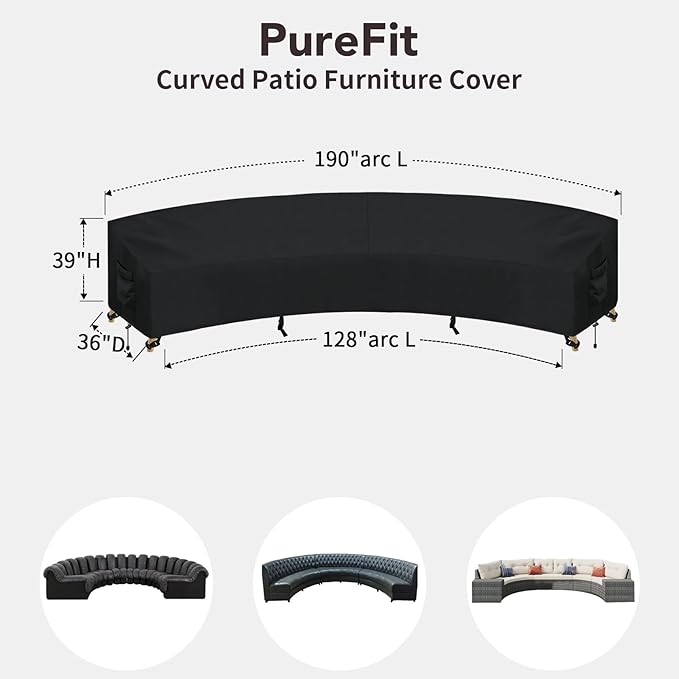 PureFit Outdoor Sectional Sofa Cover Waterproof Curved Patio Furniture Covers for Deck, Lawn and Backyard, 190Lx36Dx39Hx128FL, Black