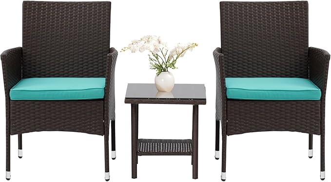 PayLessHere Set of 3 Outdoor Furniture Set Patio Furniture Set Brown Conversation Set with 2 Rattan Chairs Glass Coffee Table for Coffee Bar Poolside Patio Outdoor, Blue Cushions