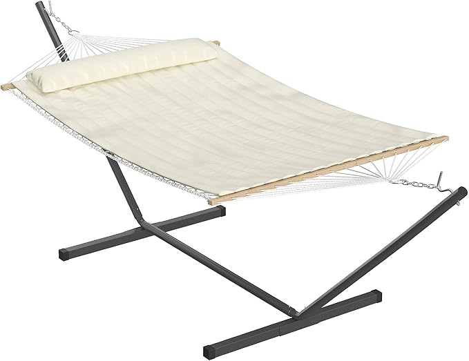 2 Person Outdoor Hammock with Stand, Heavy Duty Portable Hammock Set Includes Pillow & Balance Ropes for Patio, Backyard, Beach, 450 Lb Capacity, Beige