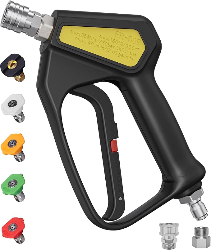 KONOSUBA Short Pressure Washer Gun 5075PSI with 360° Swivel,2 Adapter,5 Pressure Washer Nozzles,1/4" Quick Connector,3/8'' Quick Connect, M22-14/15 mm Fitting (new Gun 5075PSI)