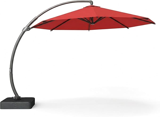 12 FT Cantilever Umbrella with Base Included, Large Round 360° Rotation Offset Umbrella Outdoor Patio, Heavy Duty Aluminum Frame, Sand-Weighted Stand, for Deck, Backyard, Pool, Garden (Red)