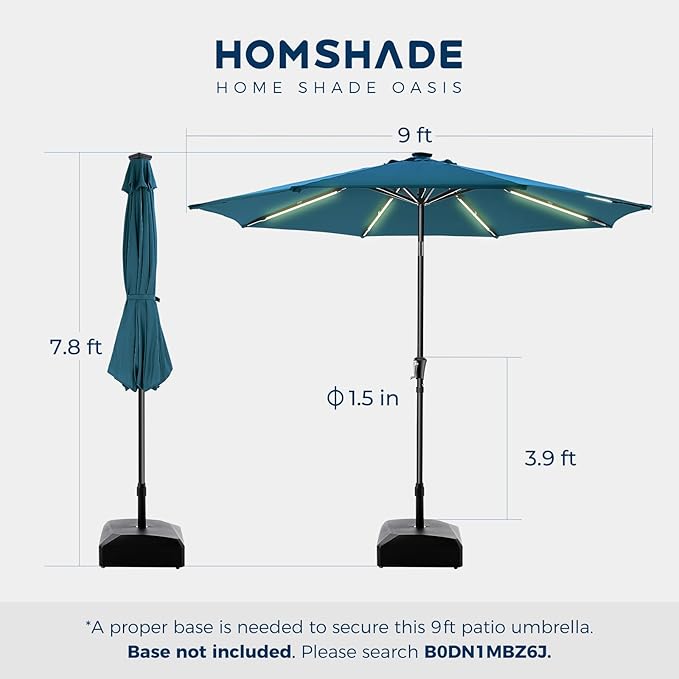 HOMSHADE 9ft Solar Patio Umbrella - Solar Lights LED Lighted UPF50+ UV Protection Umbrella, Outdoor Market Table Umbrella with Push Button Tilt, Crank for Pool Deck and Garden (Peacock Blue)