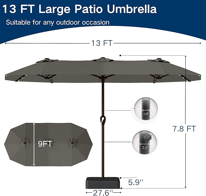Large Patio Umbrella with Solar Lights and Base, Double-Sided Outdoor Rectangle Umbrella with 48 LED Lights, Market Table Umbrellas with UV Resistant Canopy