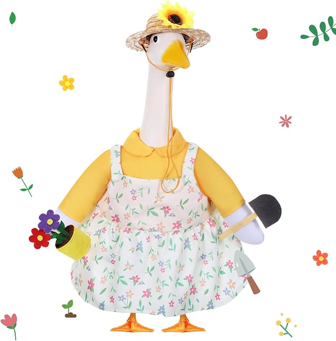FuWeave Summer Goose Outfit Flower Porch Goose Clothes for 17" Statue Outdoor Patio Yard Lawn Art Decoration (Floral Overalls)