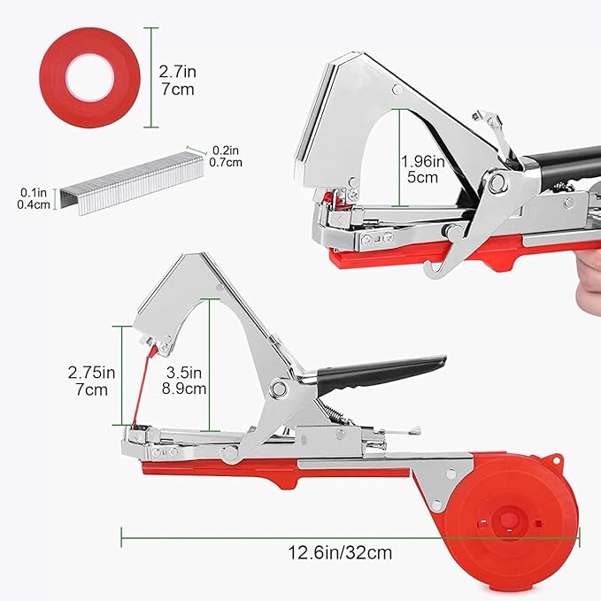 Plant Tying Machine, Lightweight Vine Tying Tape Machine Tool with 10000 Staples and 10 Rolls Tape for Tomatoes, Grapes and Vegetable Garden (Red)