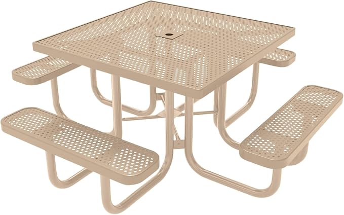 COATEDOUTDOORFURNITURE Heavy-Duty Portable Outdoor Picnic Table with Umbrella Hole, Punched Steel Commercial-Grade Patio Furniture Made in America (46" Square Top, Tan with Tan Frames)