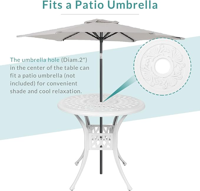 MEETWARM 3-Piece Outdoor Patio Dining Set, All-Weather Cast Aluminum Patio Conversation Set with 2 Cushions Swivel Rocker Chairs and 31" Round Table for Backyard Garden Deck, Umbrella Hole, White