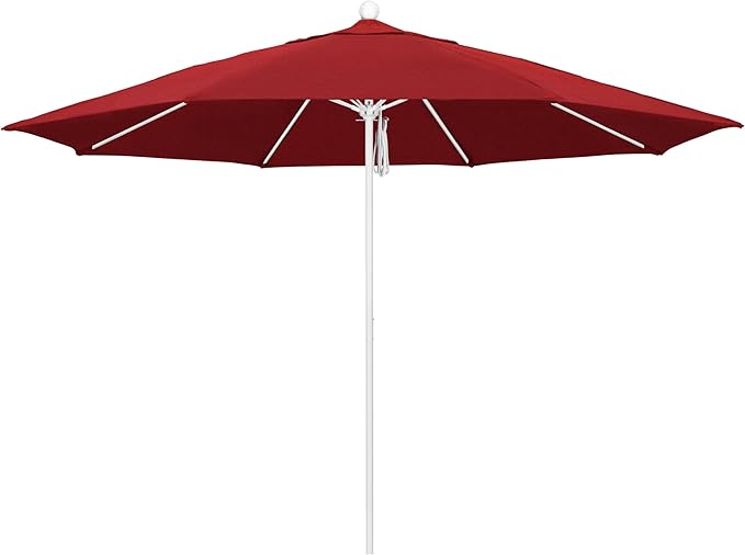 California Umbrella 11Ft Commercial Grade Market Umbrella, Pulley Lift, Aluminum/Fiberglass, 2mm pole wall, White Frame, Solution Dyed Red Fabric