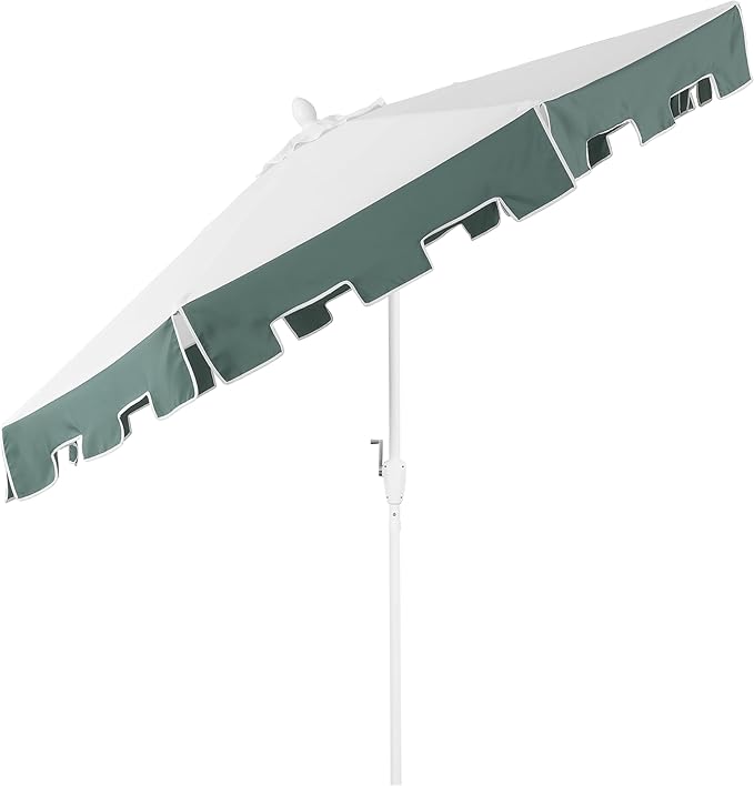 JONATHAN Y Baiona 9 ft. White/Green Outdoor Patio Umbrella with Crank Lift and Tilt, 8 Ribs UV-Resistant Market Table Umbrella with Square Trim for Pool, Deck, Coastal, White Pole UMB1000D