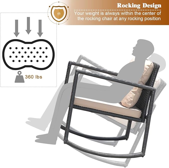 Tangkula 3 Pieces Patio Wicker Rocking Set, Outdoor Rocking Chairs and Table Set with Cushions, Glass Coffee Table with Storage Shelf, Suitable for Patio, Garden, Poolside, Balcony (Beige)