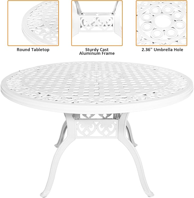48 Inch Outdoor Dining Table Round Patio Bistro Table Powder-Coated Cast Aluminum Frame Patio Dining Table Garden Table with Umbrella Hole (White)