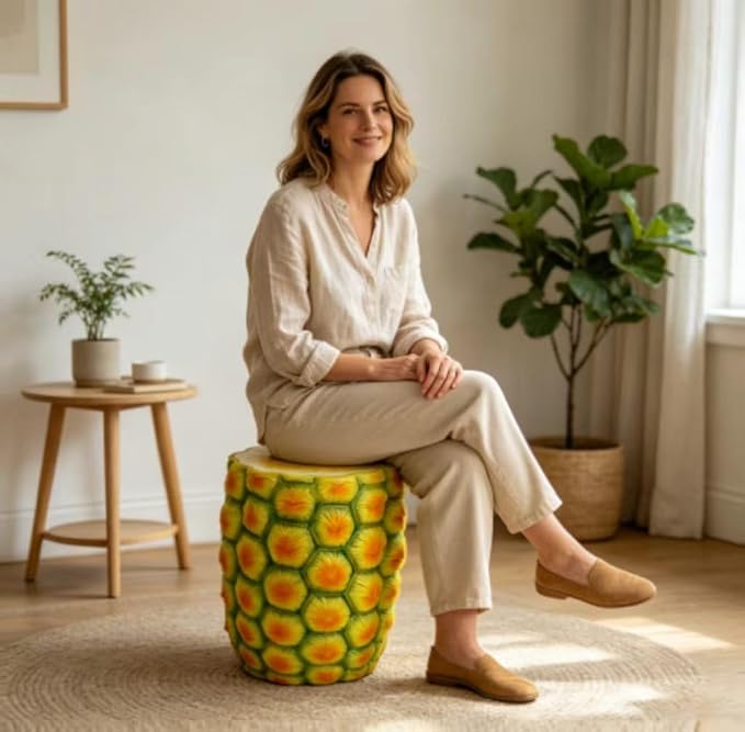 Realistic Fruit Stool, Small Resin Footrest Side Table, Indoor/Outdoor Decorative Plant Seat for Garden, Patio, Playroom, Kids' Room, Weather-Resistant (Pineapple)