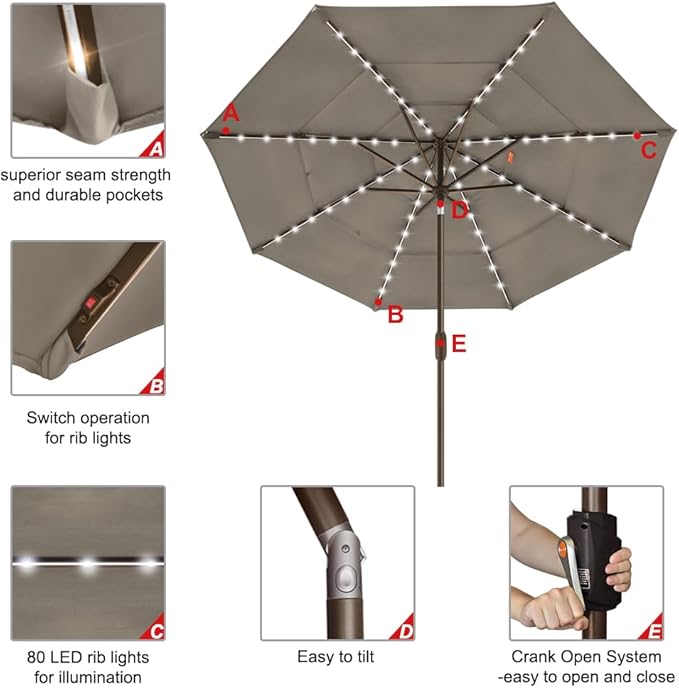 EliteShade USA 10-Year-Non-Fading 9ft 3-Tier Market Patio Umbrella, Commercial Table Umbrella with 80 Solar LED Lights, Crank Open, Windproof & UPF 50+ UV Protection for Garden, Deck, Pool, Backyard, Taupe