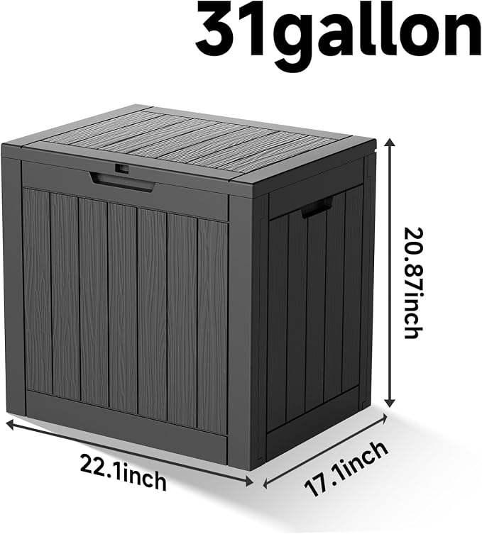 Pepe Tee Waterproof Resin Deck Box, Outdoor Storage Bin with Slatted Texture, All-Weather Patio Side Table & Garden Organizer, Black